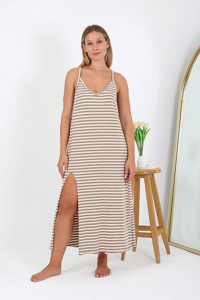 Akbeniz Large Size Rope Strap Long Nightgown - Milk Brown 12109