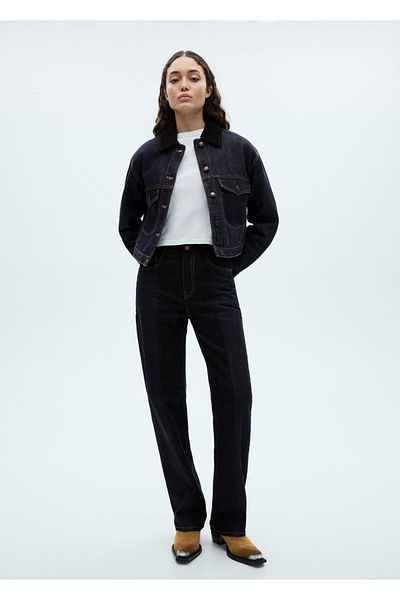 MANGO Woman Palton din denim cu guler contrastant