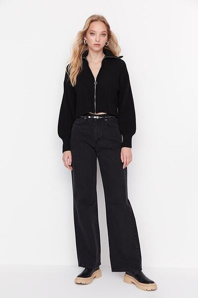 ByCukurovaFrango BY-5214 Μαύρο άνετο τζιν παντελόνι με φαρδιά μπατζάκια, ψηλό...