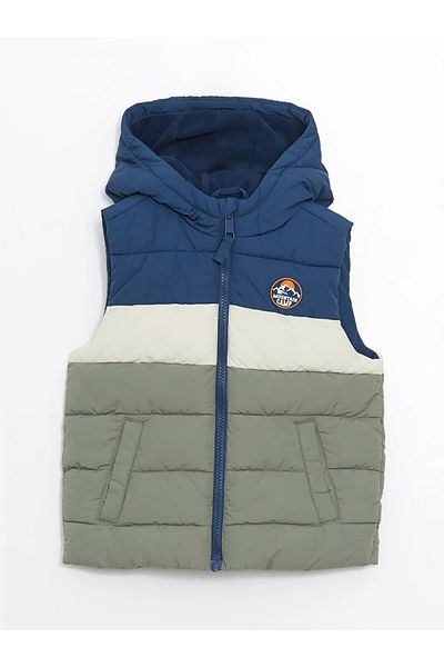 LC Waikiki Indigo Hooded Printed Boy's Puffer Vest