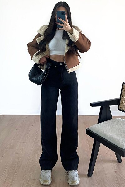 JAXEN NS-90569 Pantaloni negri Super talie înaltă pentru femei, cu picioare largi, croi larg pe picior pantaloni din denim, pantaloni largi, casual, boyfriend