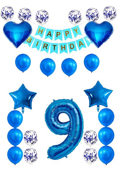 Patladı Gitti 9 Years Old Blue Concept Birthday Set; Heart Star Foil Balloon Set