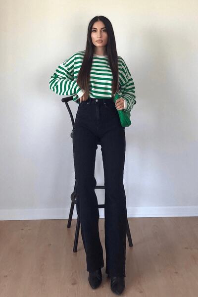 ByCukurovaFrango Crespo 90's Black High Waist Lycra Loose Jeans Palazzo Trousers