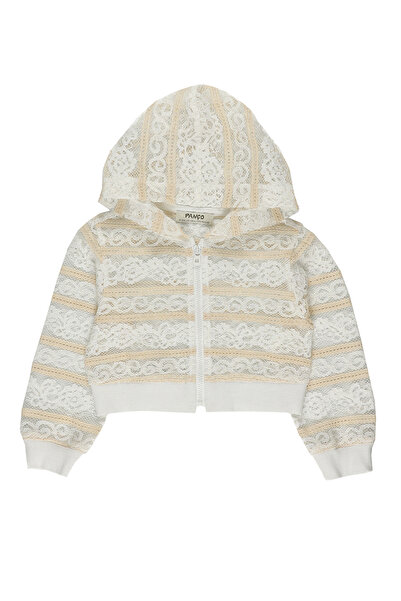 Panço Kız Beyaz Dokuma Kapüşonlu Ceket