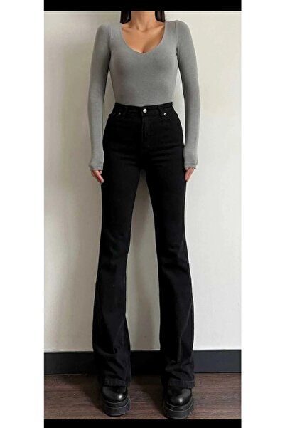 ByCukurovaFrango BY-8500 Τζιν Μαύρο Ψηλόμεσο καμπάνα Τζιν Παντελόνι