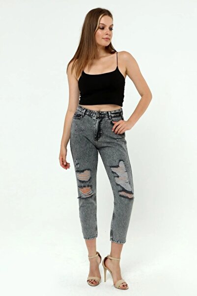 ByCukurovaFrango By-1087 High Waist Kene Leg Laser Ripped Mom Jeans Smoked Pants