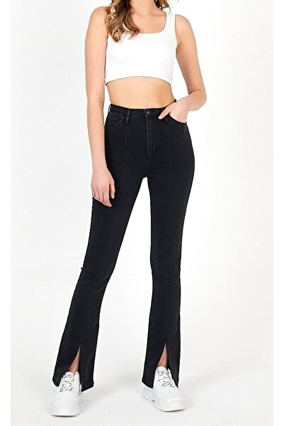 ByCukurovaFrango By-4403 Jeans Black High Waist Lycra Front Slit Women's Deni...