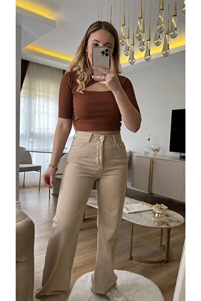 MAKRAS EXCLUSIVE A188854 90's Women's Cream No-Show High Waist Wide Leg Loose Fit Lycra Palazzo Jeans