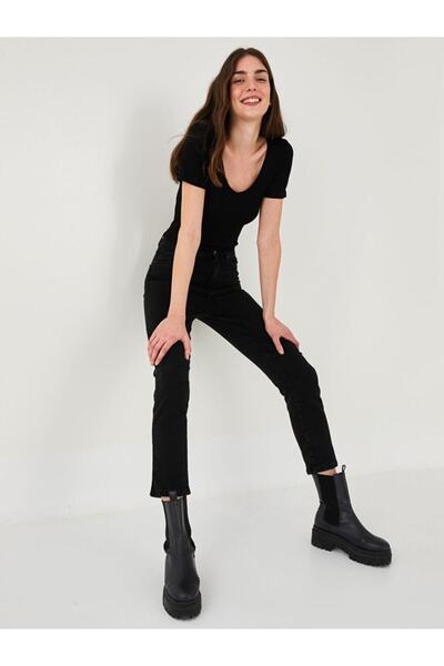 MAKRAS EXCLUSIVE A128986 Black Slim Fit High Waist Denim Jean Pantalon Mom Jeans Skinny Leg Jeans