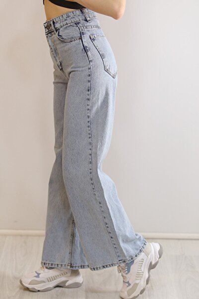 MAKRAS EXCLUSIVE A188854 90's Blue Snow Wash Lycra Super High Waist Loose Jeans Palazzo Wide Leg Pants