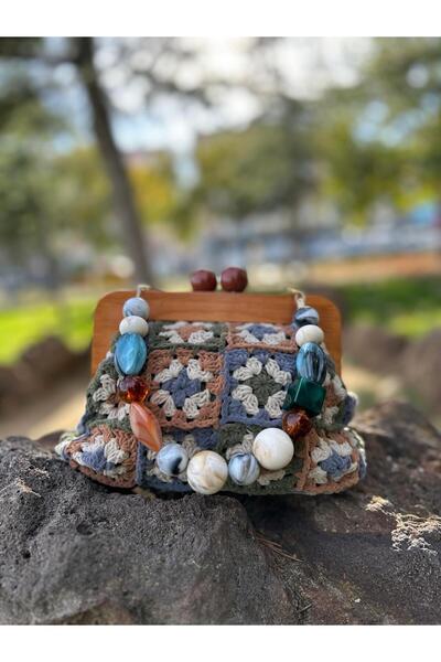 Patiska Tasarım El Örgüsü Ahşap Burslu Motifli Günlük Çanta Clutch
