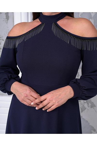 Butik Nilyam Women's Plus Size Off-The-Shoulder Chain Tassel Detail Flexible Long Balloon Sleeve Evening Dress 24626