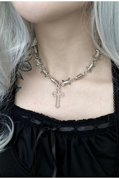 DarkellaStore Gothic Punk Diken Zincirli Haçlı Kolye (unisex)