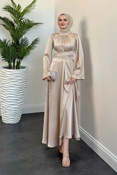 eren büyük beden Tesettür Kemerli Saten Abiye