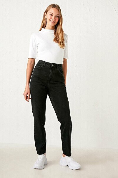 MAKRAS EXCLUSIVE A156791 Black Lycra Mom Jean Pants High Waist Jeans Skinny Leg Jeans