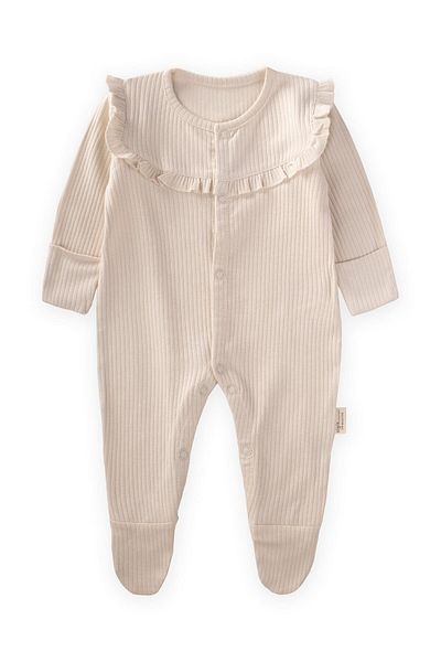 Cigit 0-6 Months Ribbed Jumpsuit with Ruffles and Feet, Light Beige