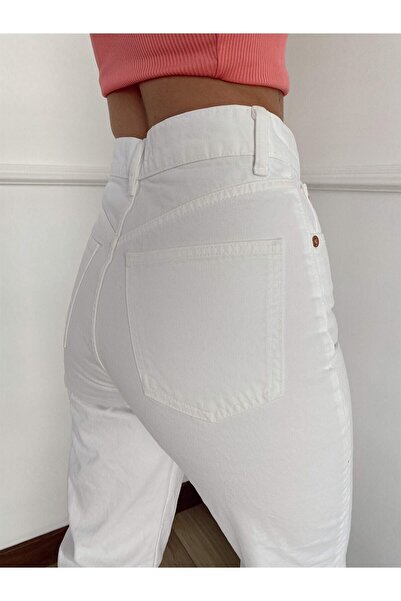 MAKRAS EXCLUSIVE A184549 Τζιν Λευκό Λύκρα Φαρδύ παντελόνι με φαρδιά πόδια, ψηλόμεσο παντελόνι boyfriend