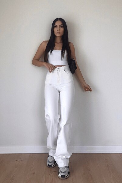 ByCukurovaFrango By-3216 Jeans White High Waist Boyfriend Wide-Leg Denim Pants