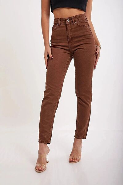 MAKRAS EXCLUSIVE A118164 Brown Lycra Mom Jeans High Waist Pants Jeans Skinny Leg Jeans