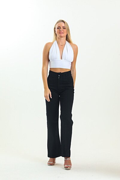 MAKRAS EXCLUSIVE A187976 Black High Waist Lycra Belted Drawstring Loose Wide Leg Jean Denim Pants Elastic Waist