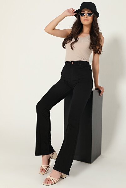 ByCukurovaFrango By-8500 Jeans Black High Waist Flared Denim Trousers