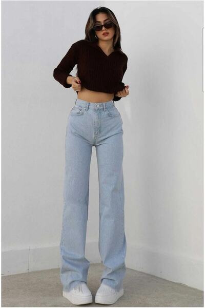 ByCukurovaFrango Ice Blue Casual Palazzo Wideleg Jean Power Lycra Γυναικεία ψηλή μέση Gathererfrango