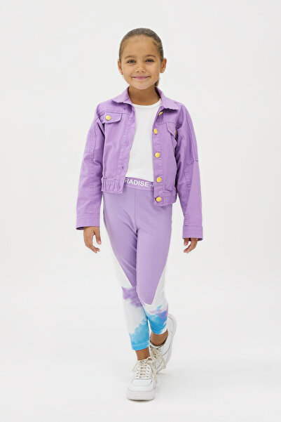 Panço Kız Çocuk Kontrast Düğme Detaylı Mor Kot Ceket