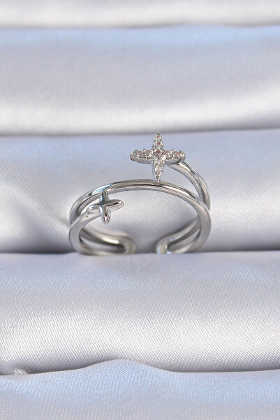 Mustran خاتم نسائي نحاسي فضي اللون مرصع بحجر الزركون على شكل نجمة