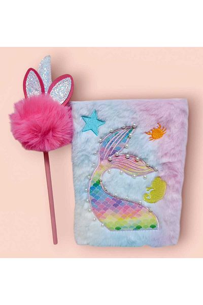 izmir yazici servis Mermaid Scrapbook Ornate Feathered Plush Sequin Memory Poetry Notebook Pompom Pencil Gift