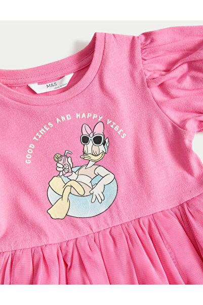 Marks & Spencer Saf Pamuklu Kısa Kollu Disney™ Daisy Duck Elbise (2-7 Yaş)