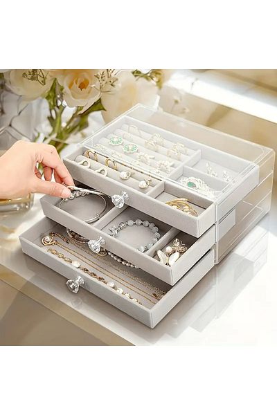 Zümrüt 3 Drawers Gray Clear Velvet Jewelry Box, Stylish and Tidy Storage Solution