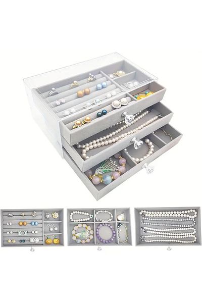 Zümrüt 3 Drawers Gray Clear Velvet Jewelry Box, Stylish and Tidy Storage Solution