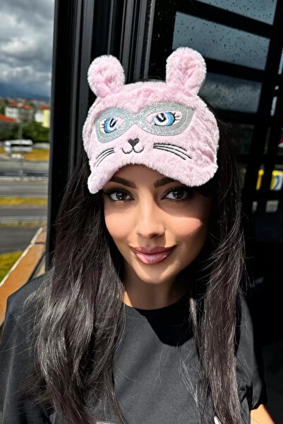 Pembe Renk Kedi Figürlü Peluş Uyku Bandı