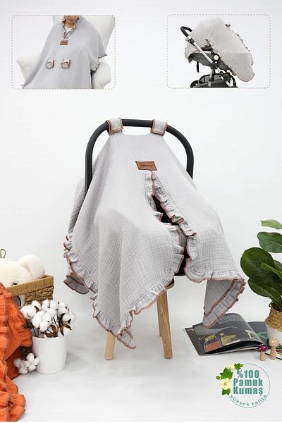 mordesign Muslin Baby Stroller - Multi-Purpose, 100% Cotton, 4-Layer Ruffle, Gray Ruffle Series
