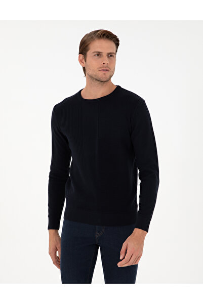 Pierre Cardin Navy Blue Slim Fit Crew Neck Wool Blend Sweater 50296457-Vr033