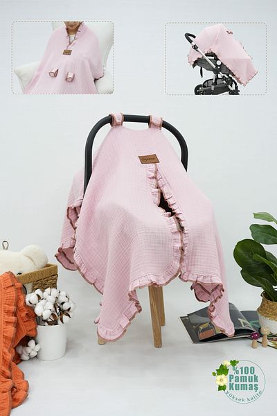 mordesign Muslin Baby Stroller Cover - Multi-Purpose, 100% Cotton, 4-Layer Frilly Ruffle Series, Powder