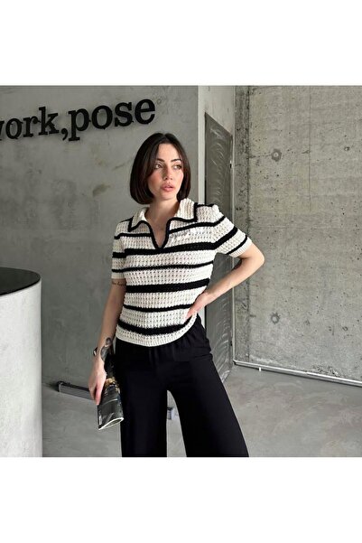 jöns since 1997 Women's Design Mi U Openwork Striped Knitwear Blouse