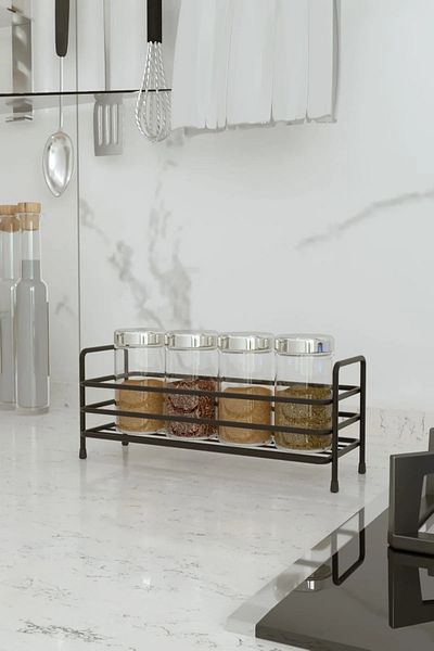 KARTEYA Bathroom Kitchen Organizer Modern Black Metal Spice Rack Stand - Countertop Metal Bathroom Organizer