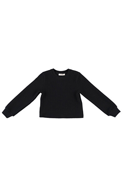 Panço Kız Çocuk Dokulu Siyah Örme Sweatshirt