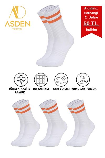 ASDEN Unisex Premium College κάλτσες τένις - Πορτοκαλί ριγέ 3 Πακέτο