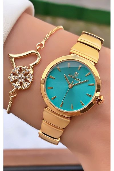 Reward Brand Gold Color Small Case Steel Cord Women's Wristwatch - with Bracelet Gift