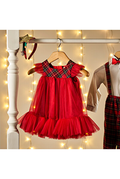 Panço Baby Girl Plaid Detailed Red Tulle Dress