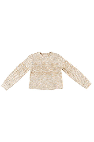 Panço Kız Çocuk Fitilli Örme Bej-Melanj Crop Triko