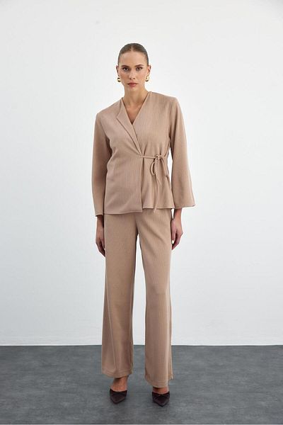 Tuba Butik Double Breasted Laced Light Brown Blouse Trousers Knitwear Women's Set