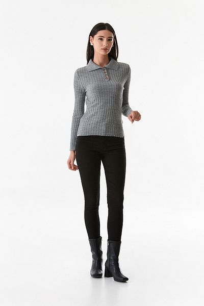Fulla Moda Pulover tricotat cu guler de cămașă cu jumătate de nasturi