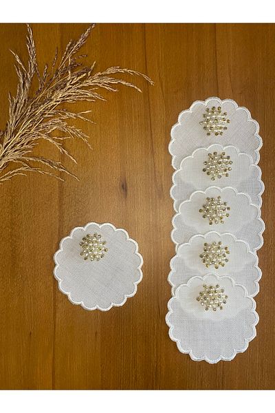 Smiling Home 6 Pieces Linen Ecru Color Daisy Patterned Cocktail Serving Napkin with Gold Pearls