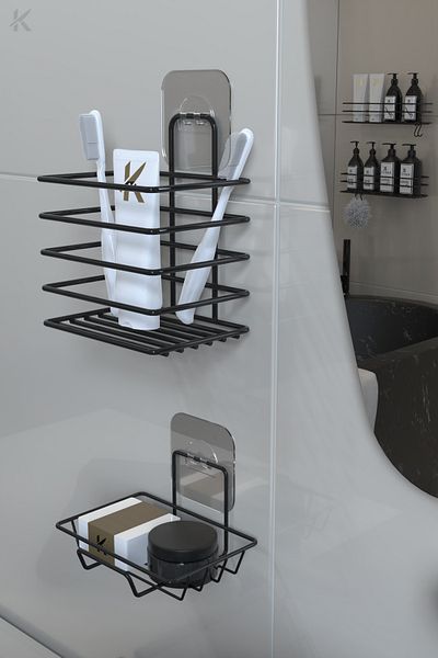 KARTEYA Stainless Metal Bathroom Wall Organizer - Adhesive Toothbrush Holder and Soap Dish Set - Super Set of 2