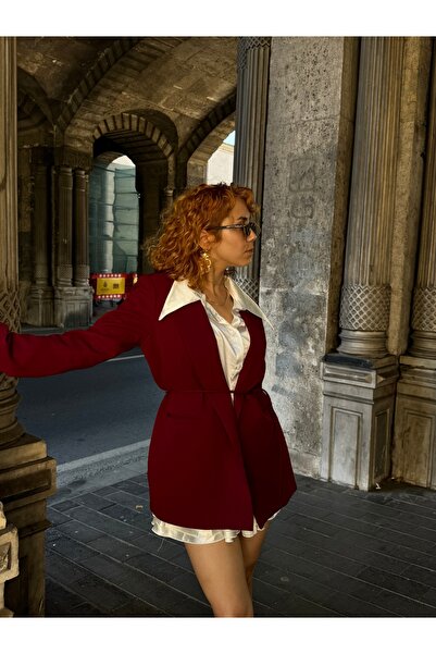 Bak'ap Bordo Astarlı Bağlama Detaylı Premium Blazer Çeket