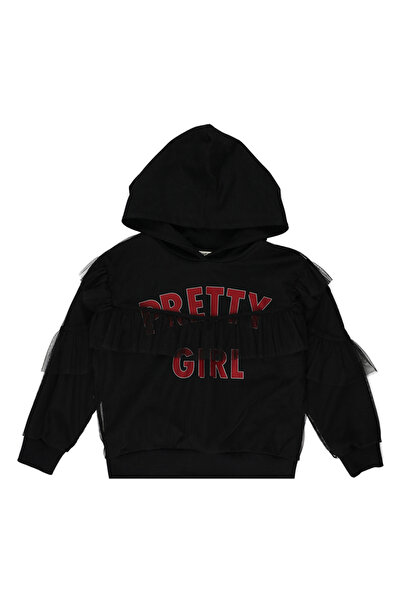 Panço Kız Çocuk Baskı Ve Tül Detaylı Siyah Kapüşonlu Sweatshirt