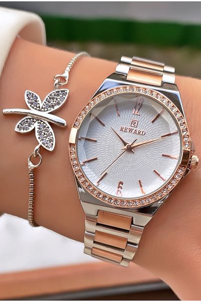 Reward Brand Rose Silver Color Steel Case Steel Cord Women's Wristwatch - with Bracelet Gift